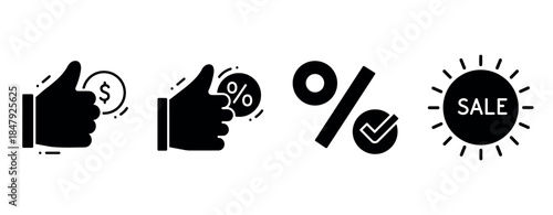 Sale icons: thumbs up, percentage, check mark, discount badge