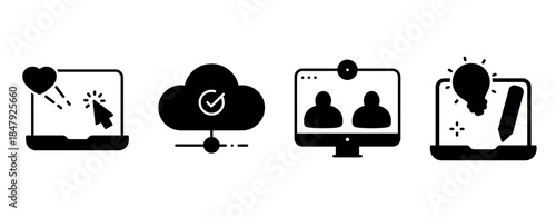 Technology icons: heart cursor, cloud synchronization, video communication, innovative ideas