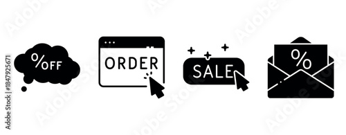 Black icon set featuring percent off, online order, sale, and discount email