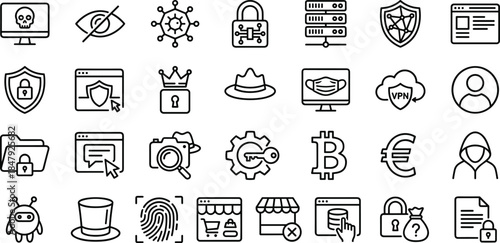 cybersecurity, privacy, protection, icons, vector, malware, hacker, shield, lock, data, network, threat, encryption, safety, firewall