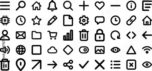 User interface icon set of 50 solid vector symbols for app and web UI, navigation, controls, settings, notifications and common actions on white