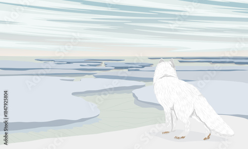 An Arctic fox stands on the bank of a wide river with large floes of broken ice. Realistic vector landscape.