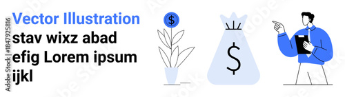 Financial planning, investment, savings, wealth management, economic growth, business strategy. Plant next to coin, money bag professional pointing clipboard. Financial planning and investment