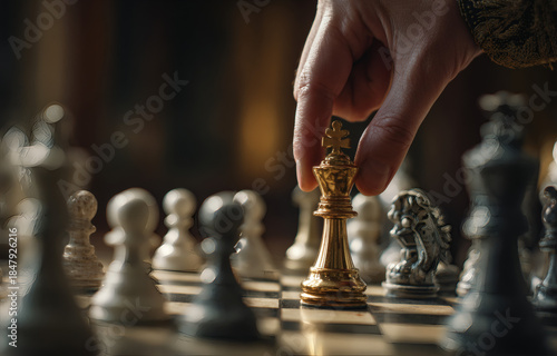 Strategic Move in Chess: Hand Moving a Golden King on Luxury Chessboard