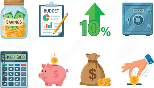 Financial management and savings icons set