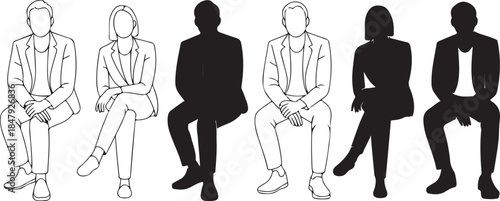 Sitting Figures Line Art and Solid Silhouettes