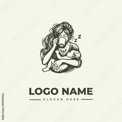 A vector illustration of a woman with long hair holding a mug and sleeping with a dog on her lap, with a logo name and slogan on a plain background.