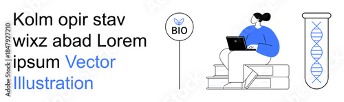 Biotechnology, education, genetic studies, research, innovation, bioinformatics. Woman with a laptop sitting near a DNA test tube and a bio sign. Biotechnology and education theme