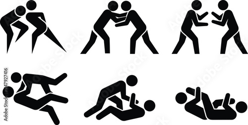 Grappling silhouette icons, black vector figures, wrestling and jiu-jitsu poses, martial arts techniques, ground and clinch position illustration