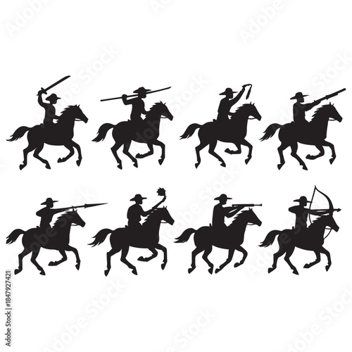 Horseback rider with weapons icons vector 