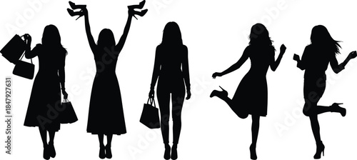 Collection of Five Woman Silhouettes with Shopping Bags and High Heels, Isolated Vector Illustration Set Showing Fashion, Retail, Shopping, and Celebration, Black and White Graphic.