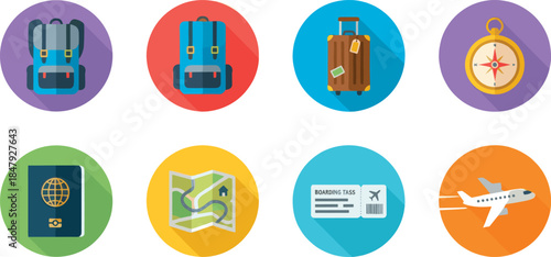 Travel and adventure flat icons set