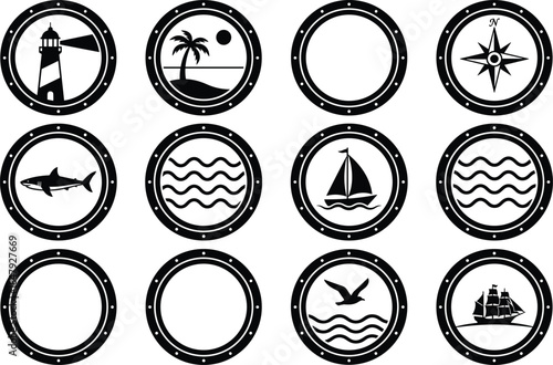Nautical silhouette icons, maritime vector graphics, ocean travel symbols, porthole illustrations, sea exploration elements, sailing and coastal design