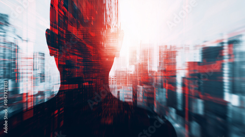 Abstract Silhouette of a Person Lost Between Reality and Virtual World, Digital City Loneliness and Identity Crisis Concept