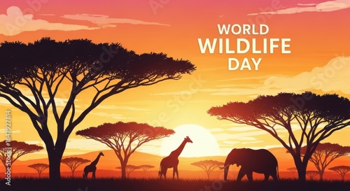 World wildlife day celebrated with elephants and giraffes in the african savanna at sunset, symbolizing conservation and nature