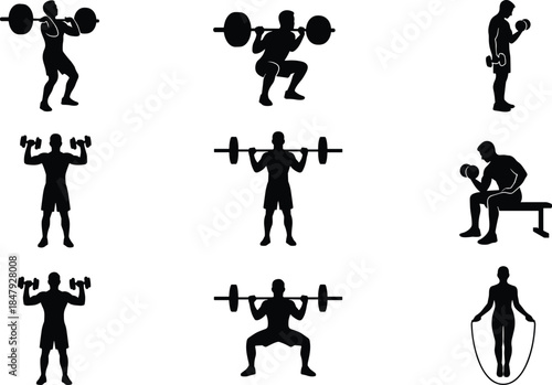 Fitness exercise silhouettes, black vector icons, strength training poses, cardio movements, dumbbell and barbell workout illustration set
