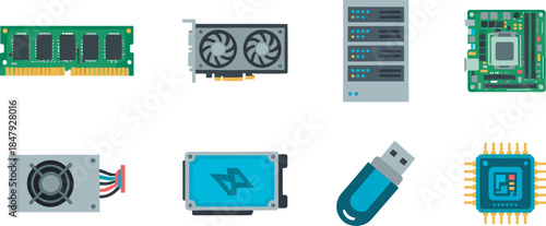 Computer Hardware Components Flat Vector Icons Set