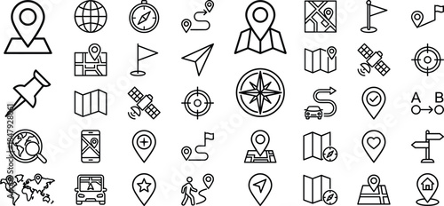 navigation, location, map, GPS, compass, direction, route, travel, icons, vector, pin, satellite, flag, guide, interface