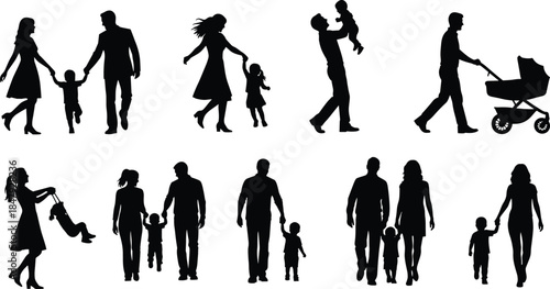 Family silhouettes walking, playing, and bonding together in various parent-child activities, highlighting love, unity, parenting moments, and happy family lifestyle in modern vector illustration