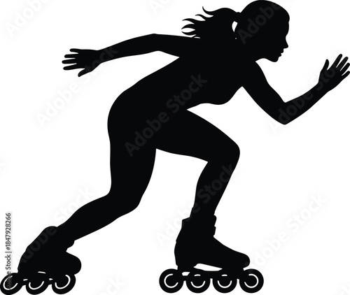 Woman roller skating or rollerblading at high speed in a fitness and active motion pose, silhouette vector illustration for sports, extreme activity, and healthy lifestyle content.