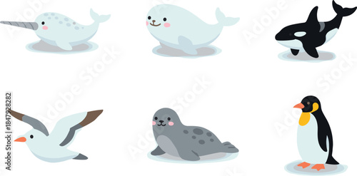 Arctic and Antarctic Cartoon Animals Set