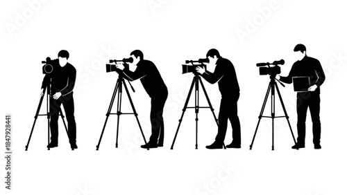 Black Silhouette Cameraman Vector Filming with Tripod and Camera