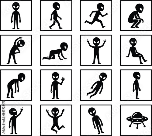 Alien silhouette icons, black vector figures, extraterrestrial poses, humanoid actions, UFO graphic, sci-fi character design,