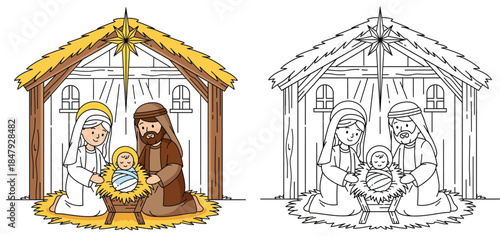 Christmas Nativity Scene Vector Illustration with Jesus Mary Joseph and Coloring Page Outline