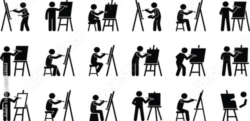 Artist painting silhouettes, black vector icons, easel poses, creative expression, art studio figures, brush strokes, canvas illustration, artistic tools