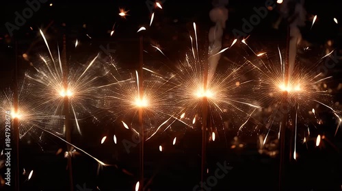 Golden Sparklers Burning at Night with Smoke and Sparks
