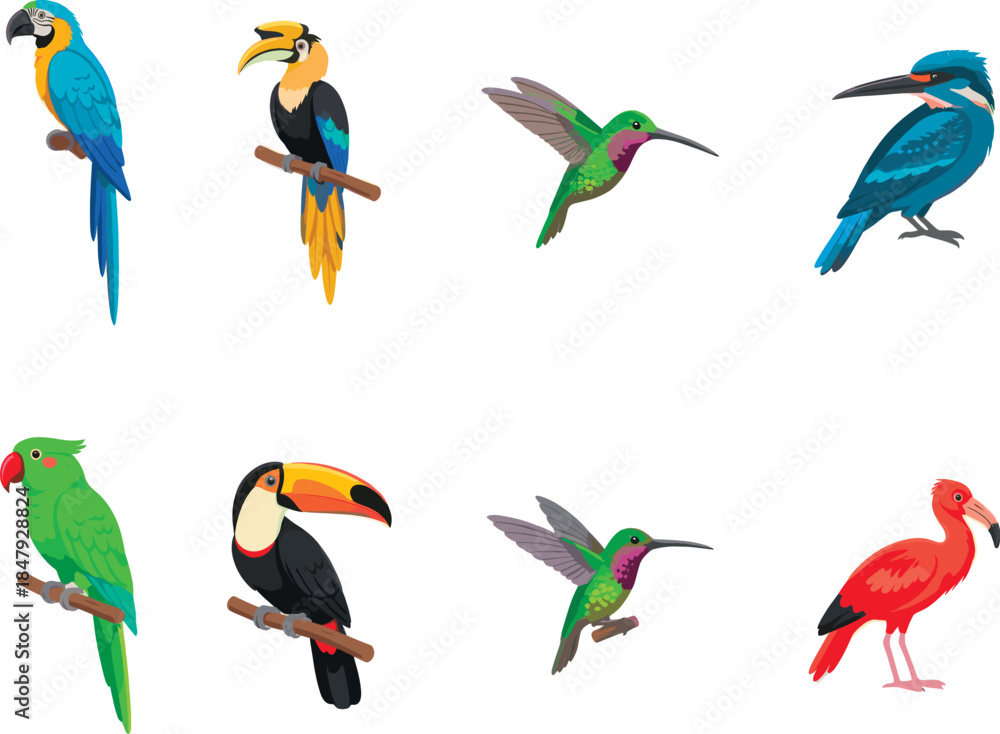 Naklejka premium Colorful cartoon birds perched on branches