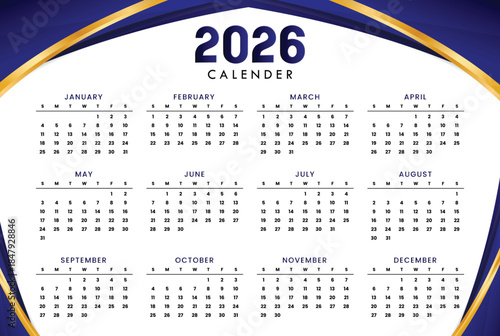 Stylish 2026 english calendar layout for office desk or wall