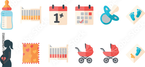 Baby-themed icons set in soft pastel colors