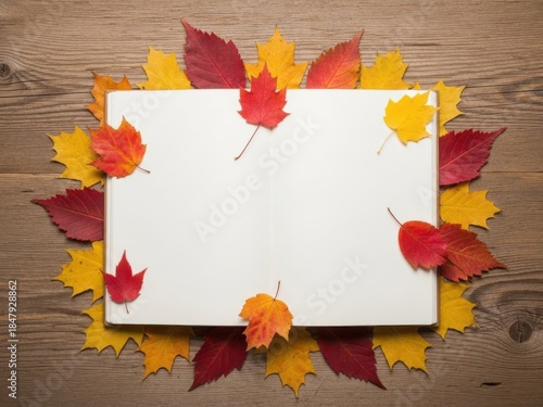 Autumn leaves surrounding a blank notebook