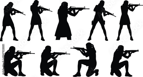 Woman with rifle silhouettes set, a vector illustration collection of female agents, soldiers aiming guns, standing and kneeling poses, isolated.