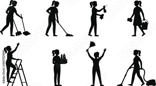 Cleaning task silhouettes, black vector icons, household hygiene actions, mop and broom graphics, spray and vacuum tools, sanitation illustration set