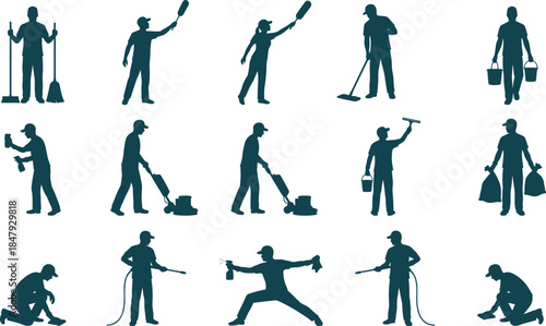 Cleaning worker silhouettes, black vector icons, janitor poses, housekeeping tools, maintenance actions, sanitation graphics, hygiene tasks, mop and broom illustration