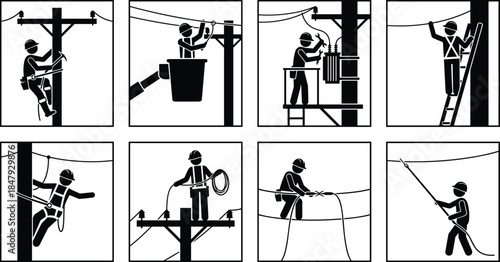 Utility worker silhouettes, black vector icons, electrical line maintenance, safety gear poses, power repair graphics, technician illustration set