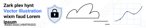 Cloud computing, cybersecurity, data protection, statistics, internet safety, analytics. A lock shield, cloud and a graph with a rising trend. Cloud computing and cybersecurity concept