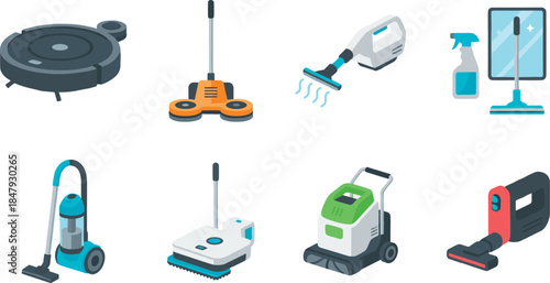 Cleaning tools flat isometric icons set