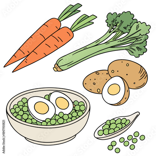 Cartoon vegetables and bowl of peas with eggs carrots