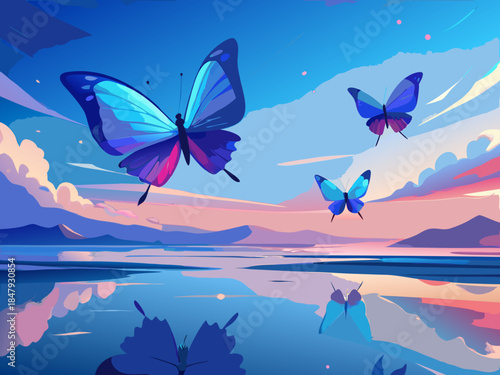 3 blue butterflies on clear water, dreamy pastel beauty. The waves on the shallow surface of the sea reflect light and sunlight. Bright pink and summer blue. They are flying.
