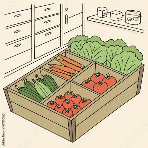 Kitchen drawer filled with vegetables carrots tomatoes