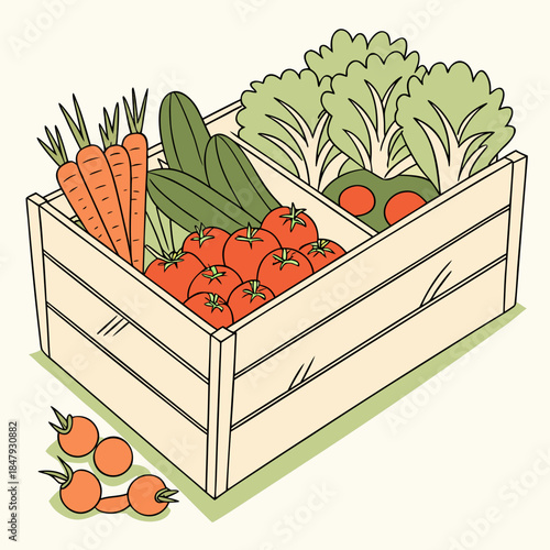 Wooden crate filled with fresh vegetables carrots tomatoes