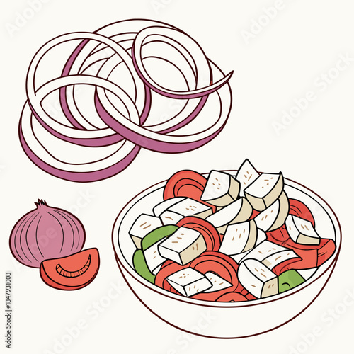 Bowl of salad with feta cheese and sliced onions vegetables
