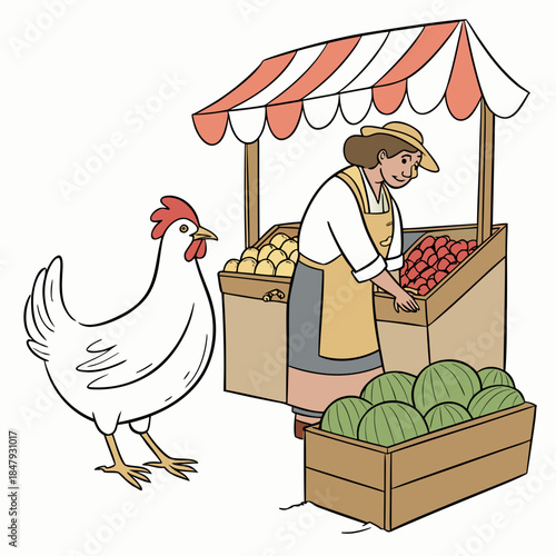 Cartoon farmer fruits and vegetables with a chicken