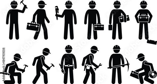 Construction worker silhouettes, black vector icons, labor poses, toolbox graphics, wrench actions, hard hat figures, industrial tools, manual work illustration