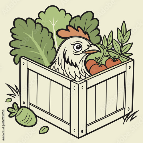 Chicken in a crate with vegetables leafy greens tomatoes