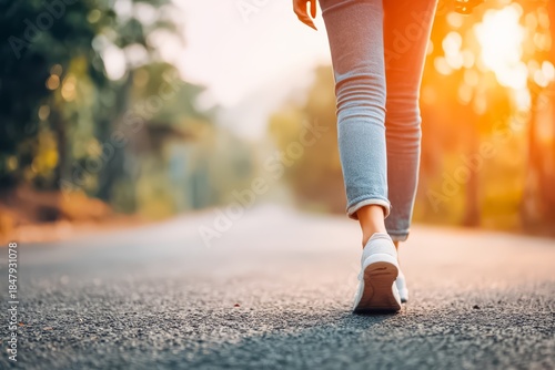 Woman is walking down a road in the woods. The sun is shining brightly, casting a warm glow on the scene