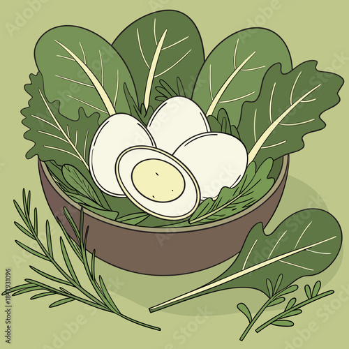 Boiled eggs in a bowl with leafy greens vegetables